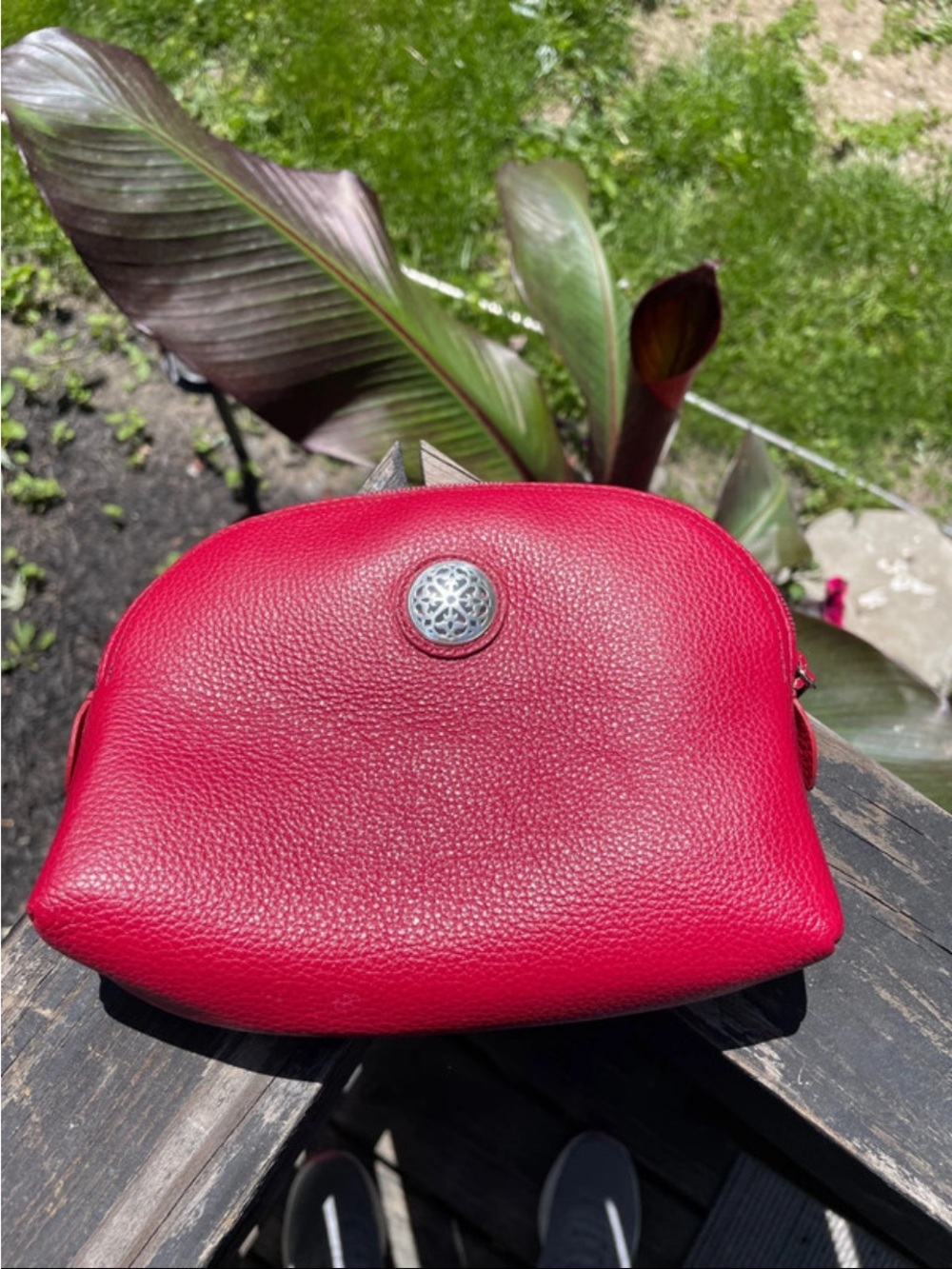 Pebbled Red Leather Cosmetic Pouch with Decorative Snap